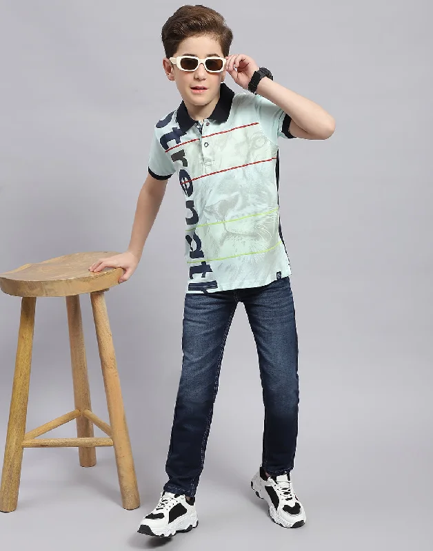 Boys Blue Printed Polo Collar Half Sleeve T-Shirt