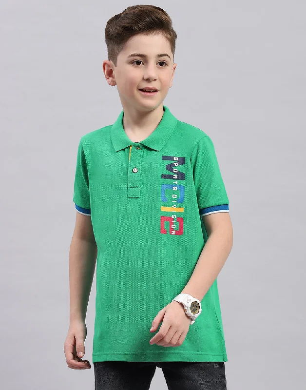 Boys Green Printed Polo Collar Half Sleeve T-Shirt