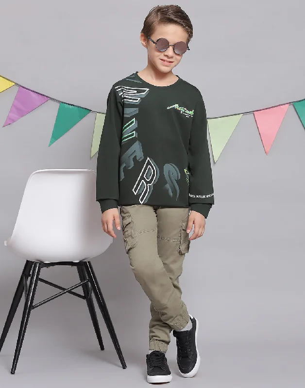 Boys Green Printed Round Neck Full Sleeve T-Shirts