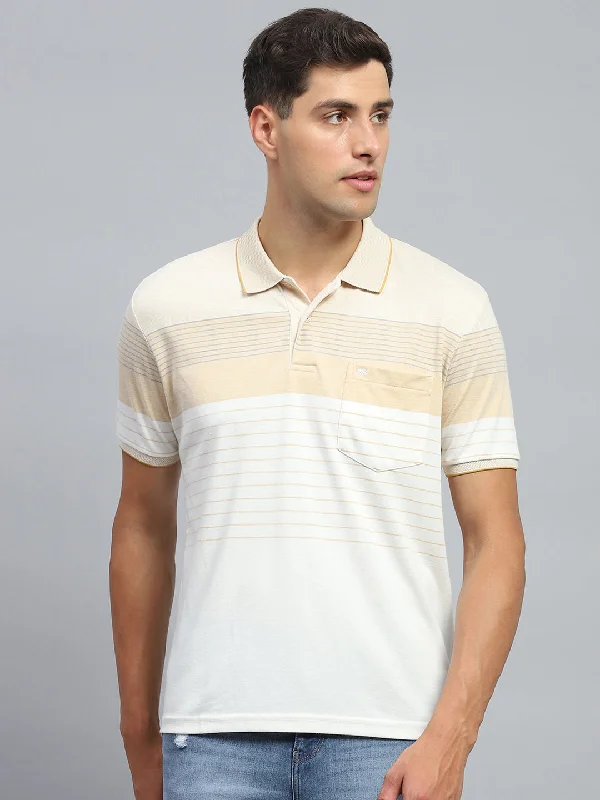 Men Beige Stripe Collar Half Sleeve T-Shirt