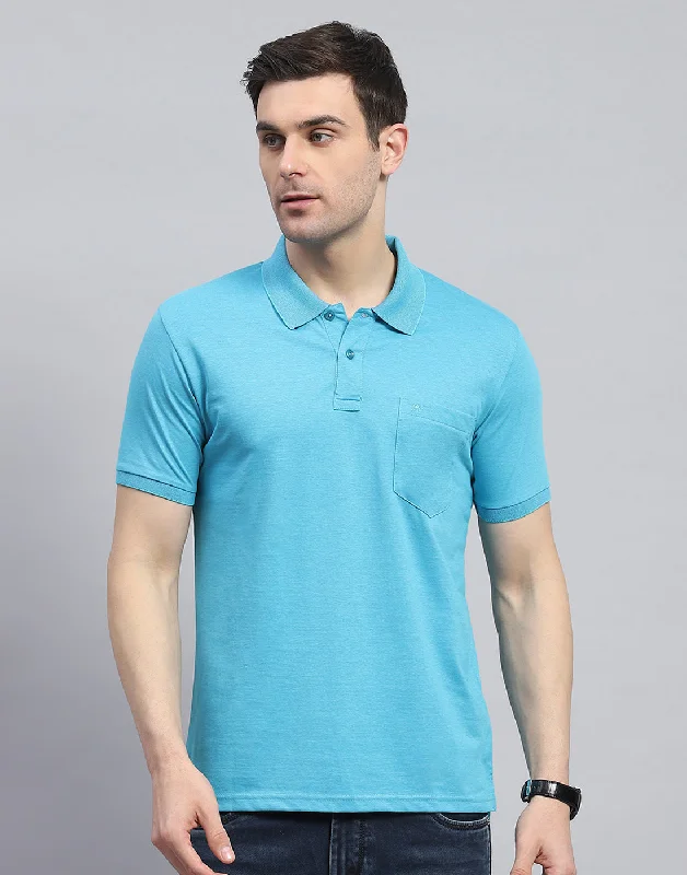 Men Blue Solid Polo Collar Half Sleeve T-Shirt