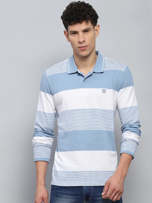 Men Blue Stripe Collar Full Sleeve Winter T-Shirt