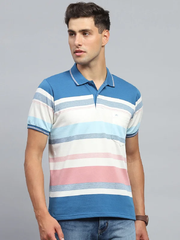 Men Blue Stripe Collar Half Sleeve T-Shirt