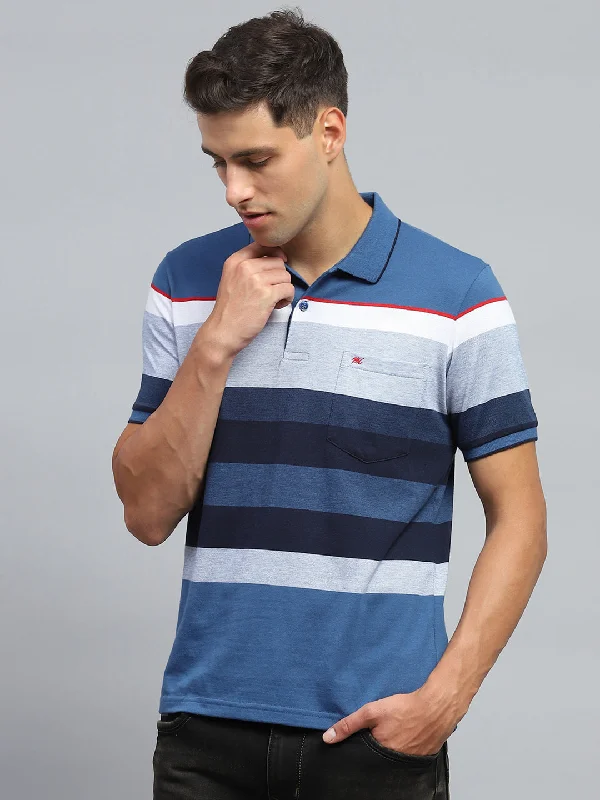 Men Blue Stripe Collar Half Sleeve T-Shirt