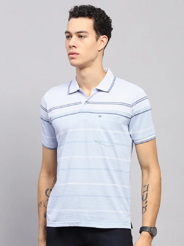 Men Blue Stripe Collar Half Sleeve T-Shirt