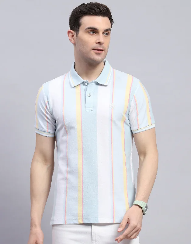 Men Blue Stripe Polo Collar Half Sleeve T-Shirt