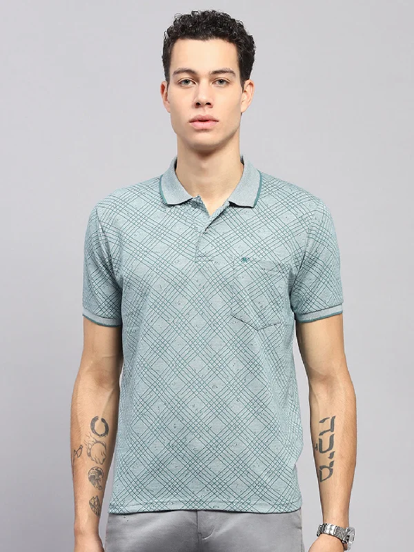 Men Green Self Design Collar Half Sleeve T-Shirt