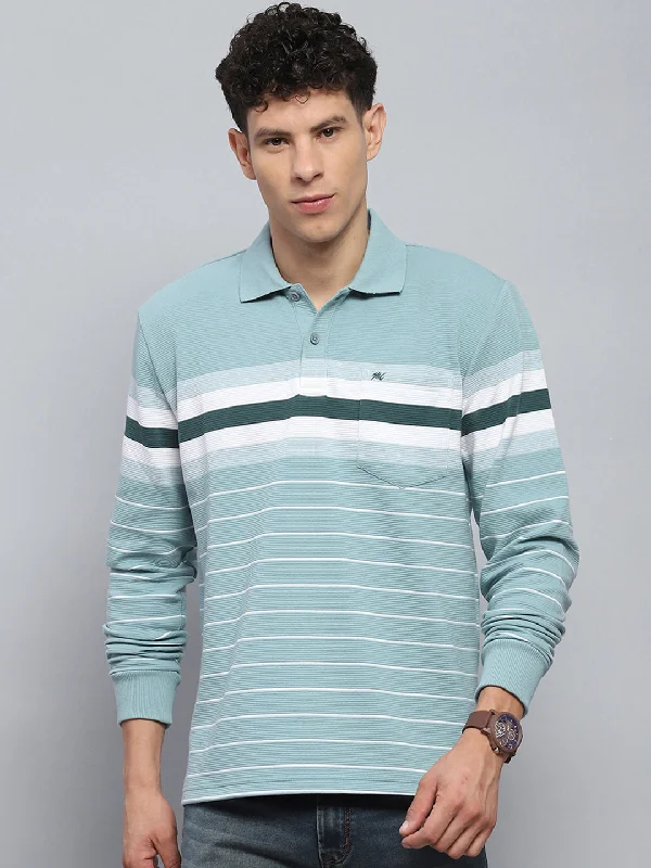 Men Green Stripe Collar Full Sleeve Winter T-Shirt