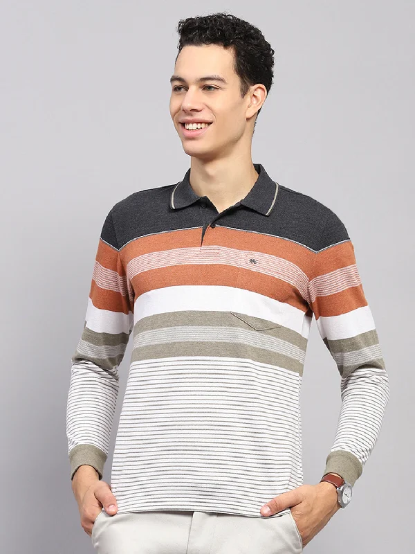 Men Multicolor Stripe Collar Full Sleeve Winter T-Shirt