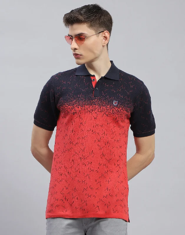 Men Navy Blue Printed Polo Collar Half Sleeve T-Shirt