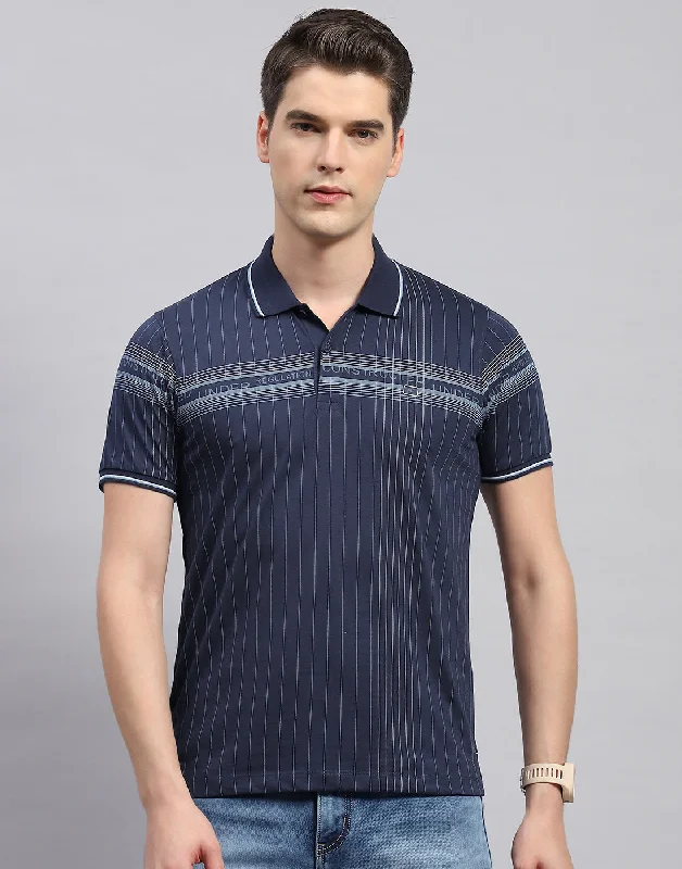 Men Navy Blue Printed Polo Collar Half Sleeve T-Shirt