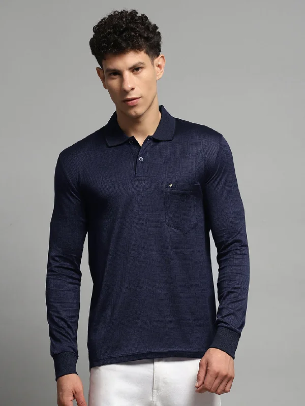 Men Navy Blue Self Design Collar Full Sleeve Winter T-Shirt