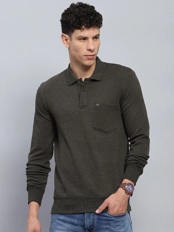 Men Olive Solid Collar Full Sleeve Winter T-Shirt