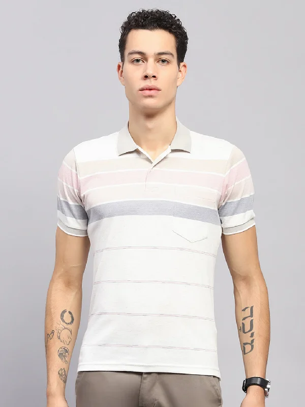 Men Pink Stripe Collar Half Sleeve T-Shirt