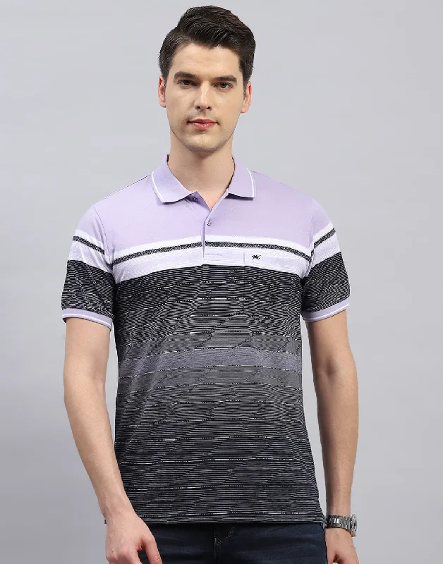 Men Purple Stripe Polo Collar Half Sleeve T-Shirt