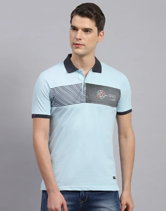 Men Sky Blue Printed Polo Collar Half Sleeve T-Shirt