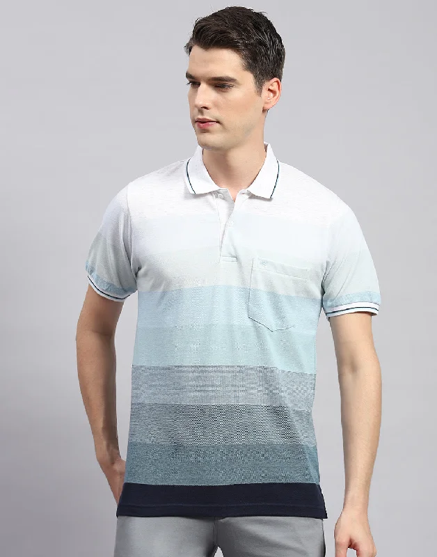 Men Sky Blue Stripe Polo Collar Half Sleeve T-Shirt