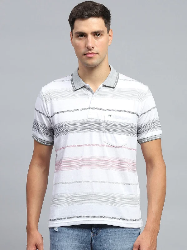 Men White Stripe Collar Half Sleeve T-Shirt