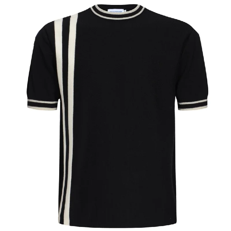 Men's Black Knitted T-Shirt With Double Racing Stripe