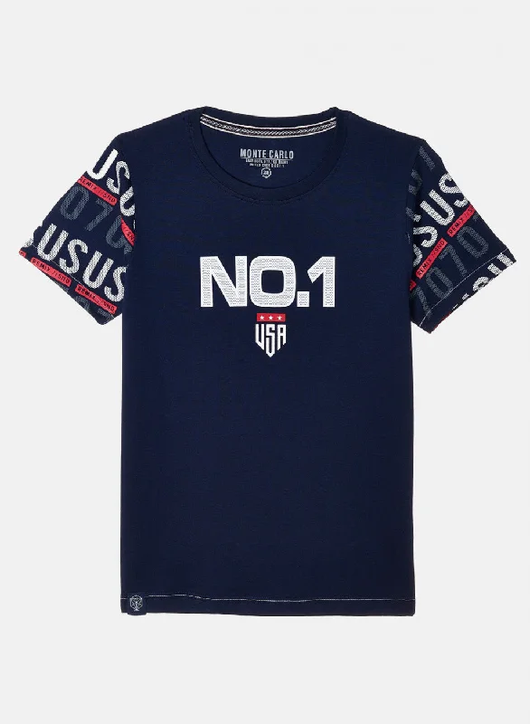 Boys Navy Blue Printed T-Shirt