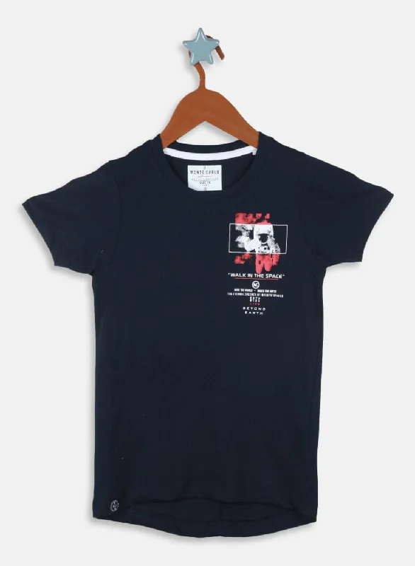 Boys Navy Blue Printed T-Shirt