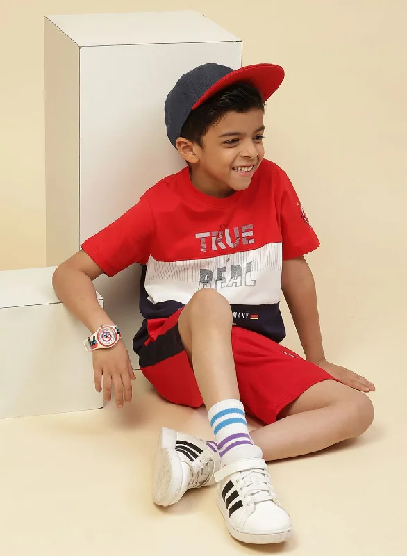 Boys Red & Navy Blue Printed T-Shirt