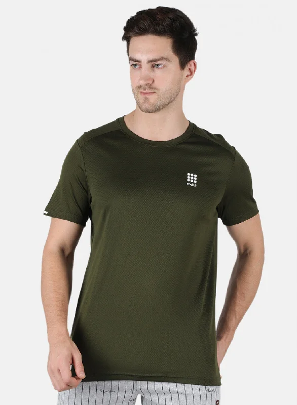 Men Olive Self Design Round Neck T-Shirt