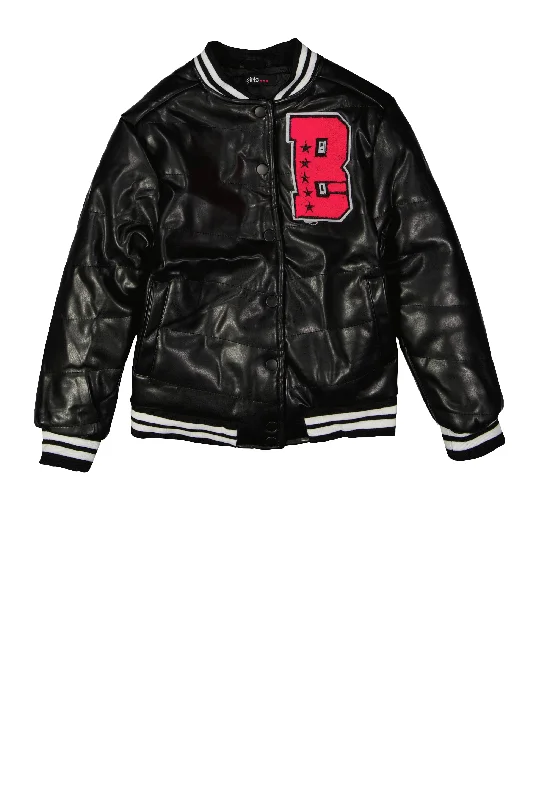 Girls B Initial Chenille Patch Faux Leather Jacket