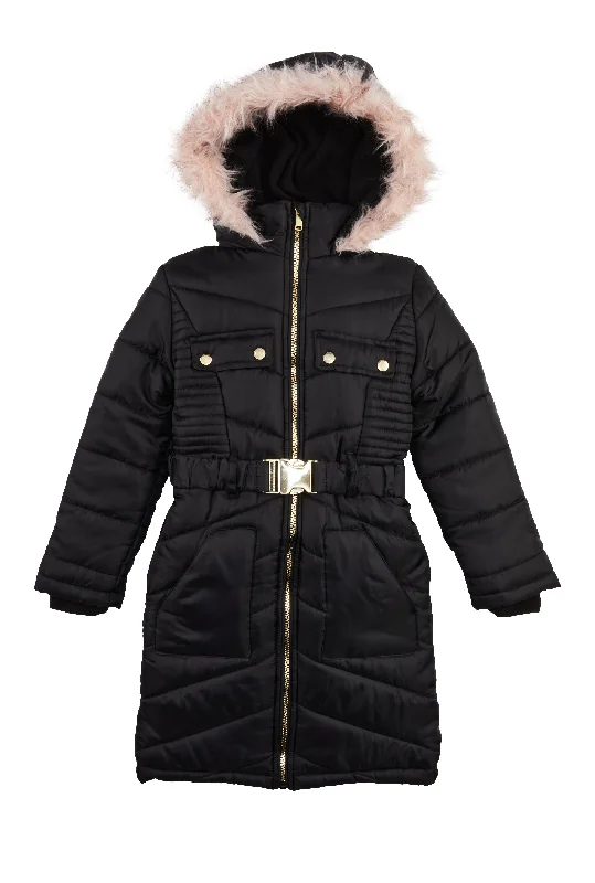 Girls Belted Long Puffer Jacket