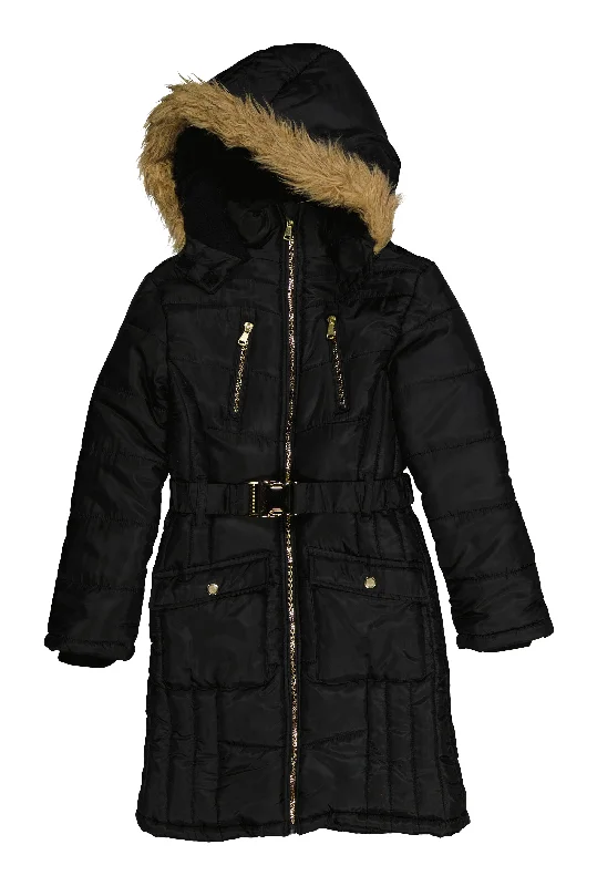 Girls Faux Fur Trim Hooded Puffer Jacket