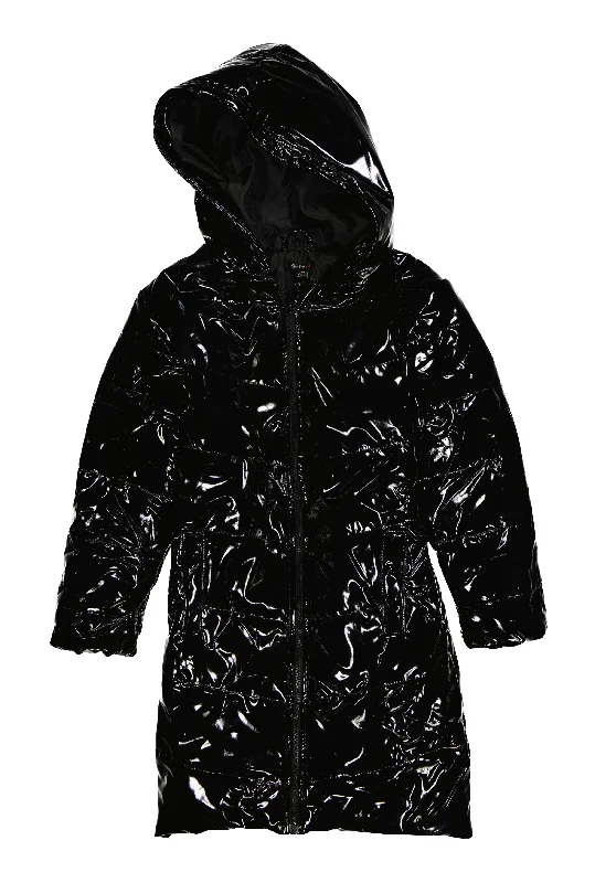 Girls Faux Patent Leather Hooded Puffer Jacket