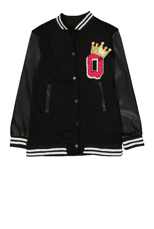 Girls Q Chenille Crown Graphic Varsity Jacket