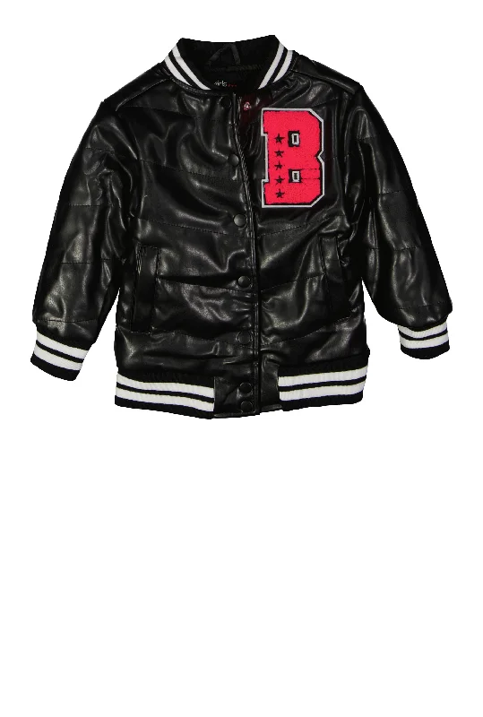 Little Girls B Initial Chenille Patch Faux Leather Jacket