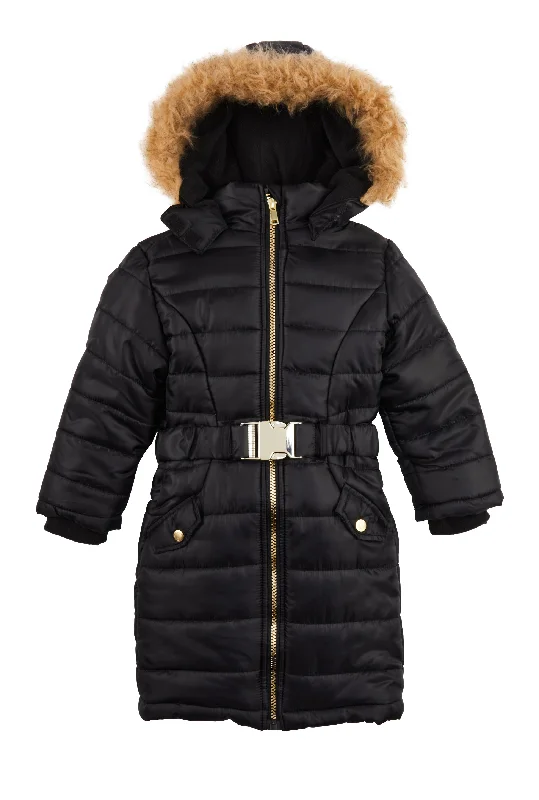 Little Girls Belted Hooded Long Puffer Jacket