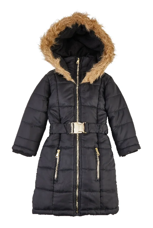 Little Girls Faux Fur Trim Zip Front Long Puffer Jacket