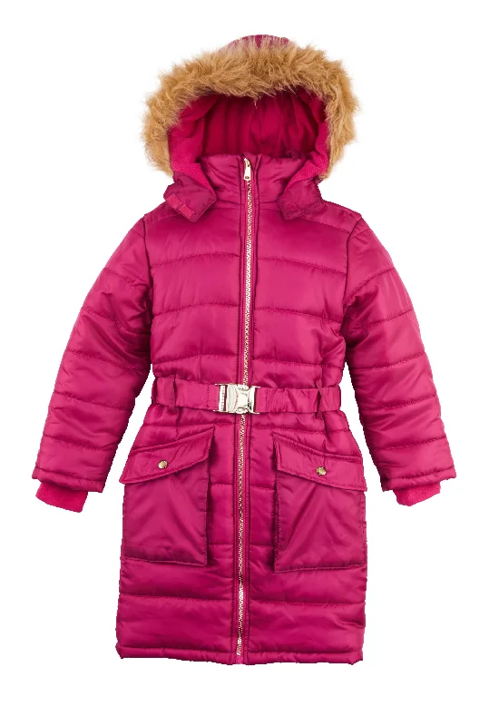 Girls Belted Hooded Long Puffer Jacket