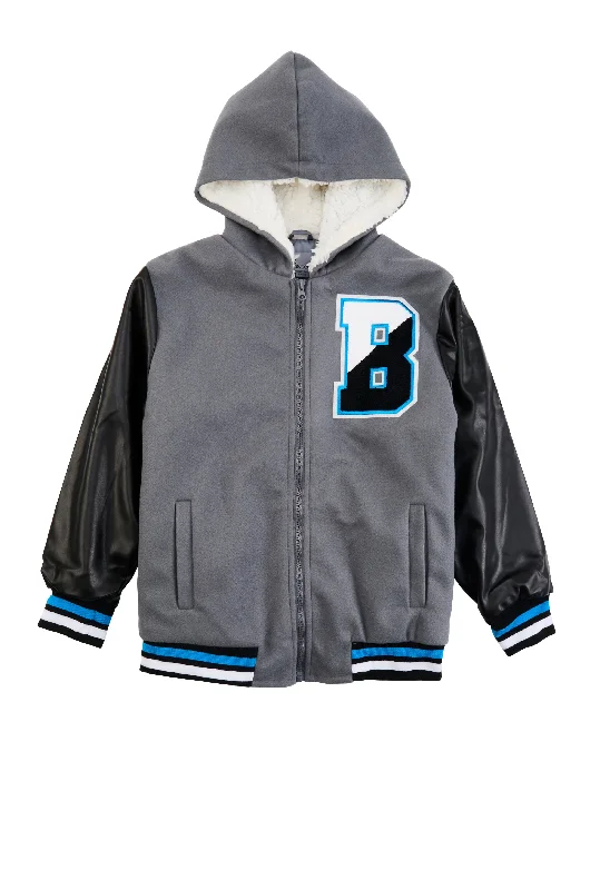 Boys B Initial Faux Leather Sleeve Hooded Jacket