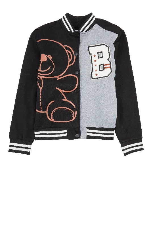 Girls Color Block Chenille Patch Bomber Jacket