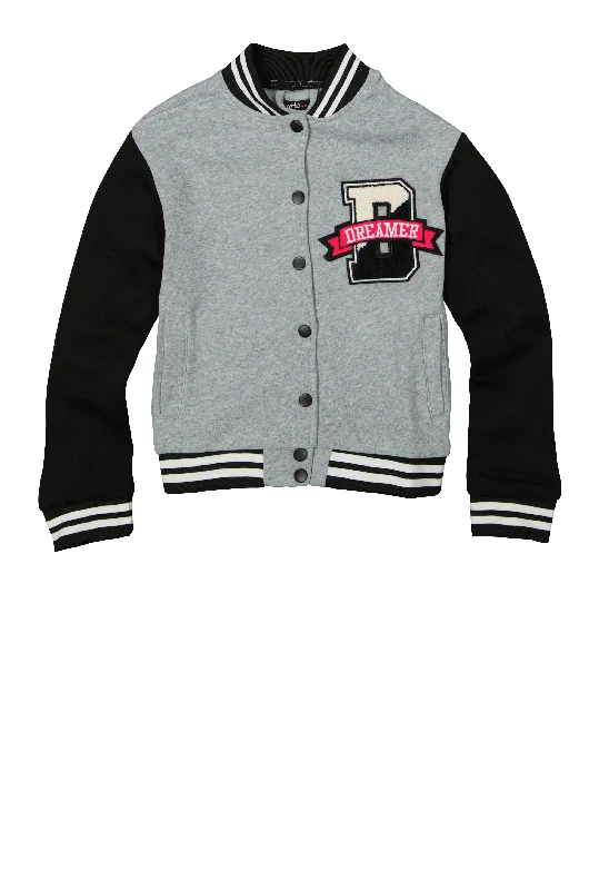 Girls Dreamer Bear Graphic Chenille Patch Varsity Jacket