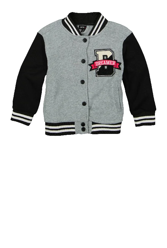 Little Girls Dreamer Bear Chenille Patch Varsity Jacket