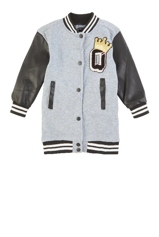 Little Girls Q Chenille Crown Graphic Long Varsity Jacket