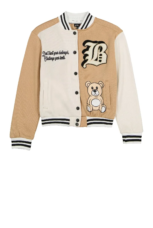 Girls B Initial Chenille Patch Graphic Varsity Jacket