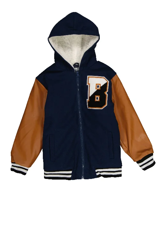 Boys B Initial Faux Leather Sleeve Hooded Jacket