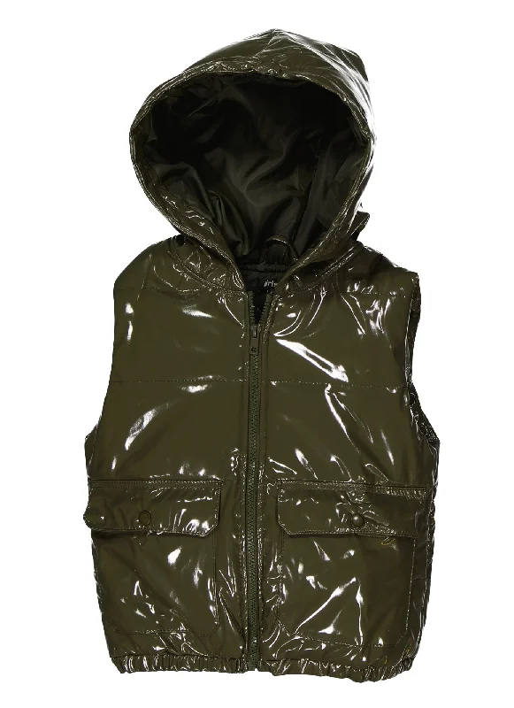 Girls Faux Patent Leather Hooded Puffer Vest