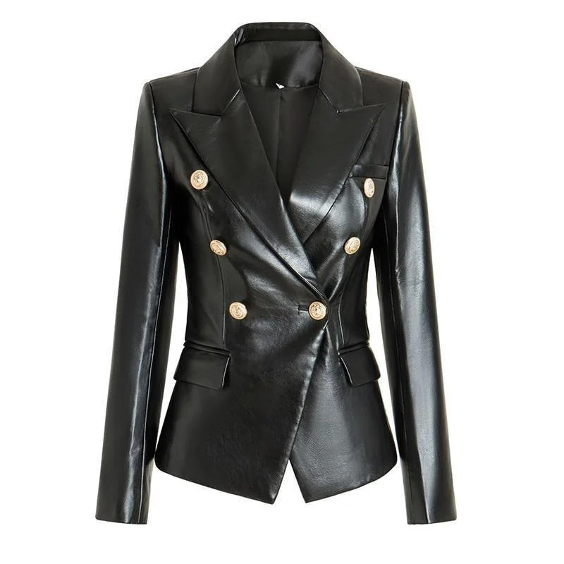 Black Leather Blazer Women - Formal-Business - Plain-Solid