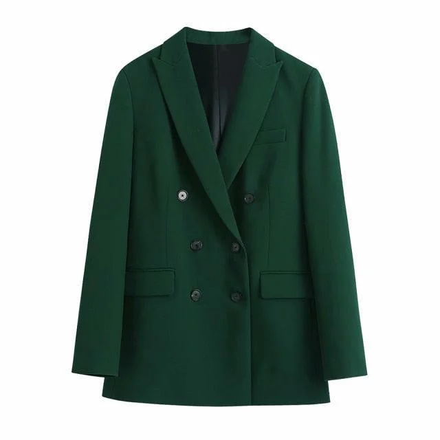 Green Double Breasted Blazer Women - Casual - Plain-Solid