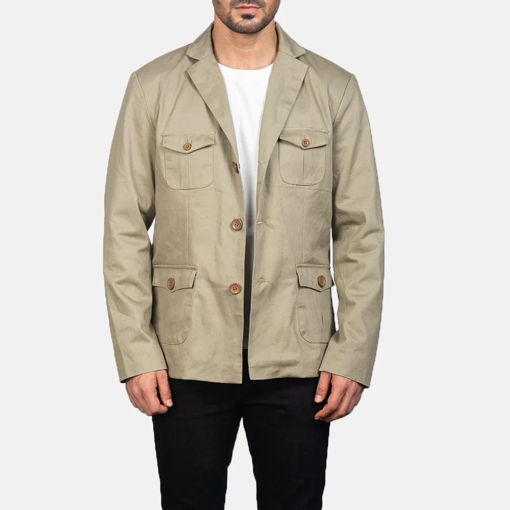 Men's Beige Leather Blazer Jacket in Poly-Cotton Outer