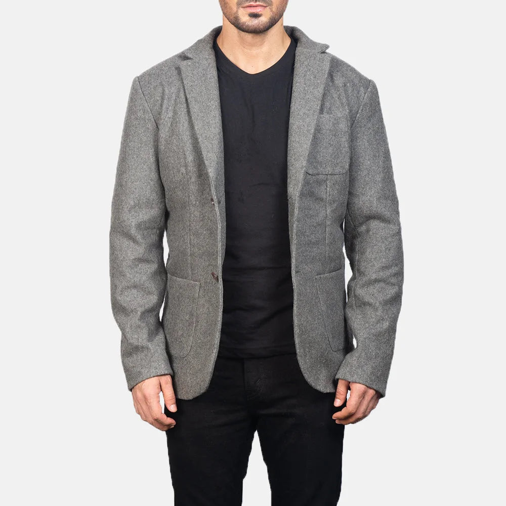 Men's Blazer Leather Jacket in Grey Synthetic Wool