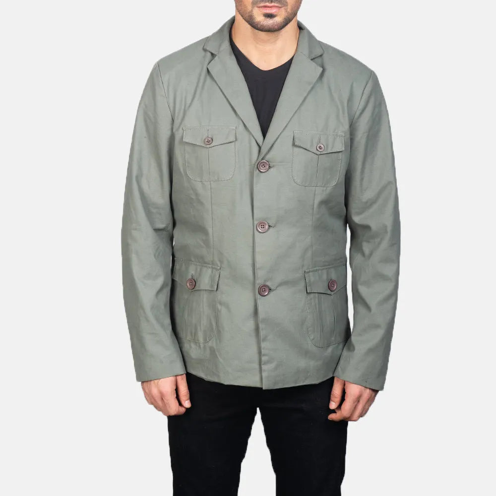 Grey Leather Jacket Men in Notch Collar