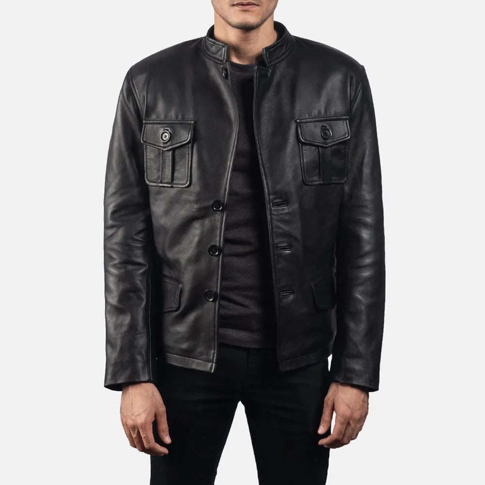 Black Leather Blazer for Men in Open Hem Cuffs